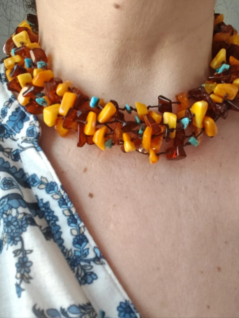 Genuine Amber & Turquoise Six Strand Necklace - Picture 13 of 16